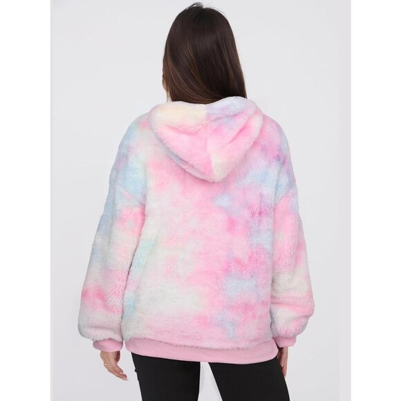Women Pink Tie-dye Oversized Fuzzy Fleece Zip up Hoodie Sweatshirt - Picture 5 of 5
